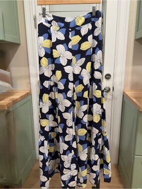 eesome Navy Tiered Maxi Skirt with White, Yellow & Blue Floral Print